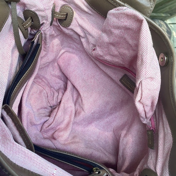 Dooney & Bourke 1975 taupe brown pink interior 16”/12” strap down 11” - Picture 8 of 17